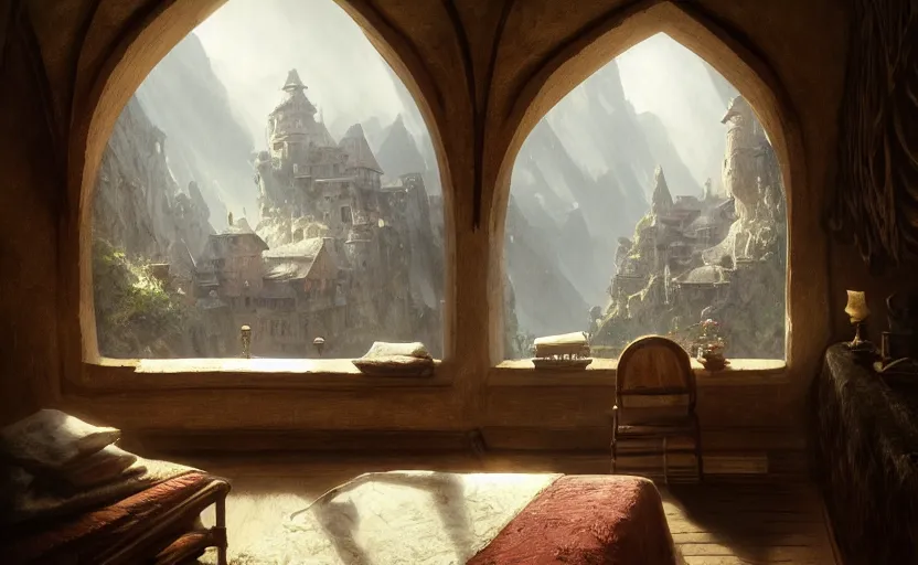 Image similar to painting of a series of a ring of bedrooms carved inside a mountain viewed from courtyard below, cozy bed, well maintained, clean, medieval, fantasy genre, natural light, fantasy, natural light, sharp focus, concept art, by greg rutkowski and craig mullins, cozy atmospheric and cinematic lighting, trending on artstation