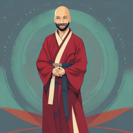 Image similar to a bald, coffee - skinned terrence boyd as a saint with halo wearing a red kimono, clean cel shaded vector art. shutterstock. behance hd by lois van baarle, artgerm, helen huang, by makoto shinkai and ilya kuvshinov, rossdraws, illustration,