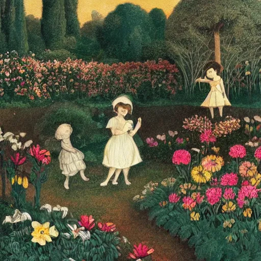 Prompt: a whimsical garden scene. In the computer art, a young girl can be seen playing among the flowers and trees, while a fairy watches over her. winter by Joachim Brohm random