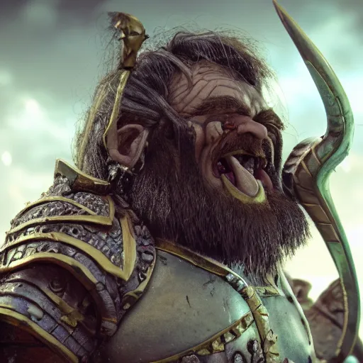 Prompt: a fantasy cinematic shot of a dwarf berserker, close up, face, warhammer, dnd, fighting monsters, octane render, hyperreal, 8 k