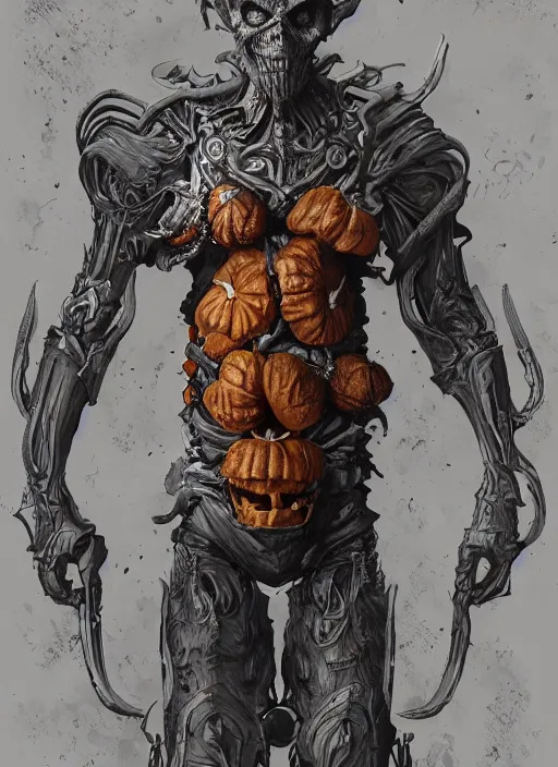 Image similar to powerful male pumpkin, willem dafoe as pumpkinhead, oz, full body character concept, covered in full metal armor, art nouveau, super powers, fantasy, intricate, elegant, highly detailed, digital painting, artstation, concept art, shining, sharp focus, illustration, art by stanley lau