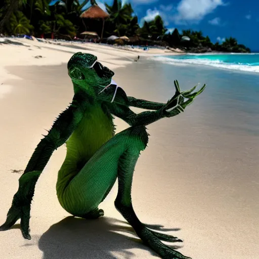 Prompt: a vortigaunt hanging out on a beach in the caribbean