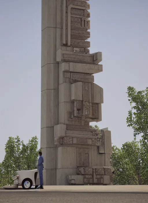 Prompt: highly detailed realistic architecture 3 d render of a metallic monumental stele in frank lloyd wright style standing on a highway, archdaily, made in unreal engine 4 octane render