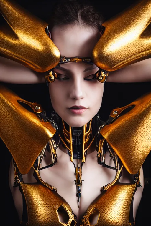 Image similar to beautifull cyberpunk woman model, wearing organic biomechanical armor, thin gold terdrils, luxury materials, symmetrical, cinematic, elegant, professional studio light, real dlsr photography, sharp focus, 4 k, ultra hd, sense of awe, high fashion