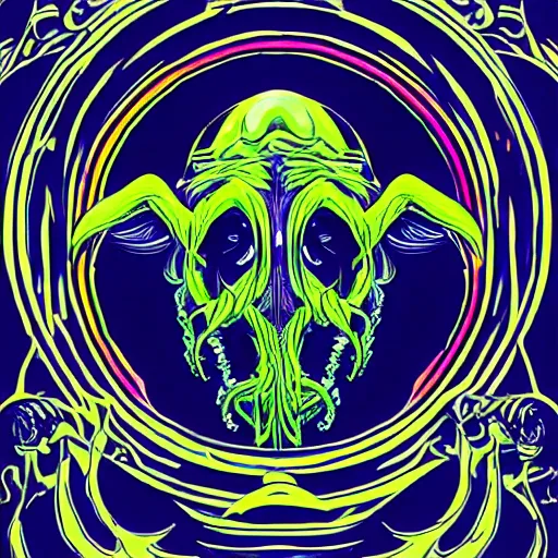 Prompt: 4 k stylized neon headshot of godlike cthulhu with defined arms and open hands and bloody clothes with giant mandala wings, intricate face, flawless anime cel animation by kentaro miura, psychedelic, highly detailed upper body, professionally post - processed, beautiful, scary, symmetry accurate features, epic, octane rendered, anime masterpiece, accurate