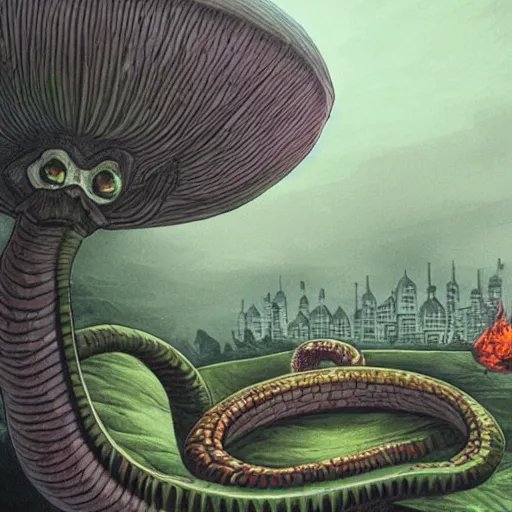 Image similar to A centered chest up portrait of a psychedelic demonic anthropomorphic snake smoking a hand-rolled cigarette smoking heavily , magic mushroom village in background , award winning. superb resolution. in the art style of junji Ito and greg rutkowski . Detailed Mushroom city in background. Hyper realistic anime. Perfect art. Dalle2