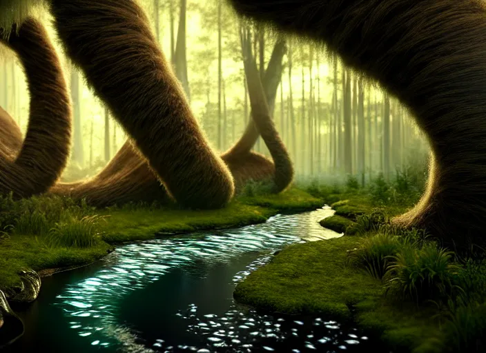 Image similar to hyperrealism, detailed textures, photorealistic 3 d render, a surreal mystical forest with a bright winding creek with a herd of wooly mammoths grazing, ultra realistic cinematic, intricate, cinematic light, concept art, illustration, art station, unreal engine