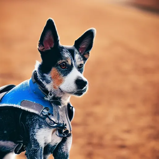 Image similar to blue heeler dog on a motorcycle, 8 k photography, blurred background of a wafflehouse