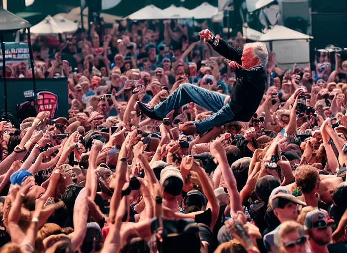 Image similar to photo still of clint eastwood on stage at vans warped tour!!!!!!!! at age 6 8 years old 6 8 years of age!!!!!!!! stage diving into the crowd, 8 k, 8 5 mm f 1. 8, studio lighting, rim light, right side key light