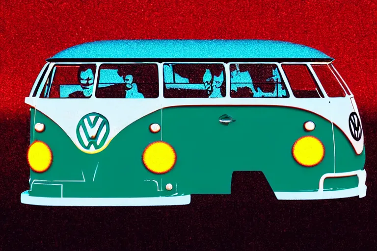 Image similar to vw bus!, in the style of john avon and derek riggs and eva widermann, trending on artstation, halfrear lighting closeup view anaglyph filter, bokeh, anime, colored pencil art, belle epoque