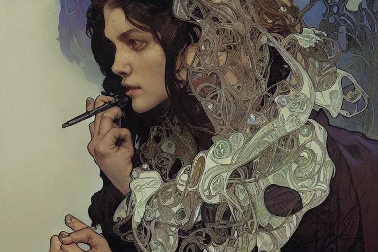 Image similar to hyper realistic portrait of just singer songwriter, by lee bermejo, alphonse mucha and greg rutkowski