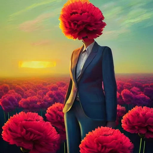 Image similar to giant carnation flower head, frontal, girl in a suit, surreal photography, sunrise, dramatic light, impressionist painting, digital painting, artstation, simon stalenhag