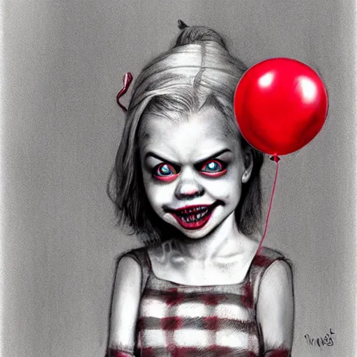 Prompt: surrealism grunge cartoon portrait sketch of little girl with a wide smile and a red balloon by - michael karcz, loony toons style, pennywise style, horror theme, detailed, elegant, intricate