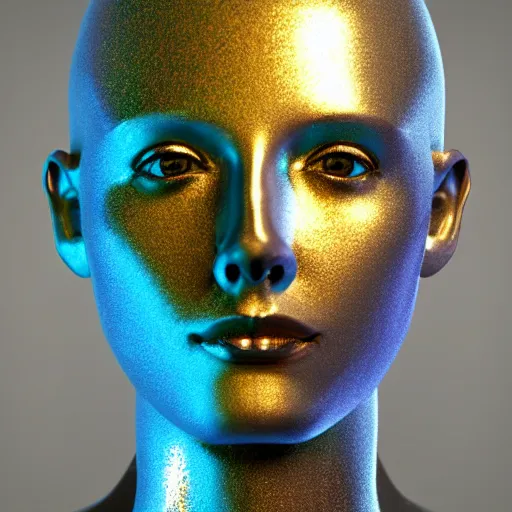 Image similar to 3d render of holographic human robotic head made of glossy iridescent, surrealistic 3d illustration of a human face non-binary, non binary model, 3d model human, cryengine, made of holographic texture, holographic material, holographic rainbow, concept of cyborg and artificial intelligence