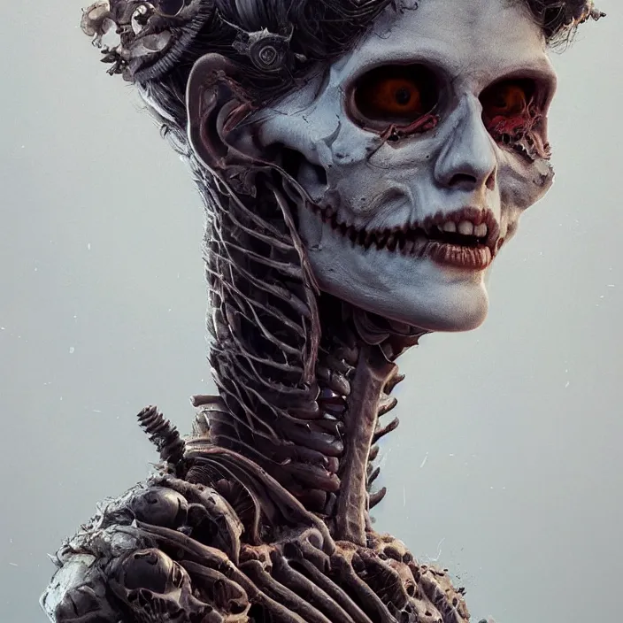 Image similar to portrait of skeleton as Alexandra Daddario. intricate abstract. intricate artwork. by Tooth Wu, wlop, beeple, dan mumford. octane render, trending on artstation, greg rutkowski very coherent symmetrical artwork. cinematic, hyper realism, high detail, octane render, 8k, iridescent accents