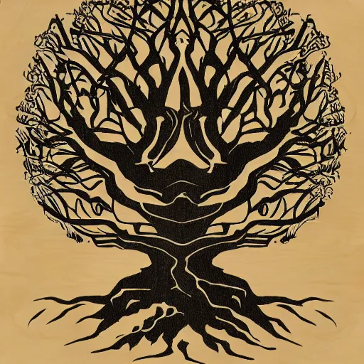 Image similar to Yggdrasil, woodblock print, fine art