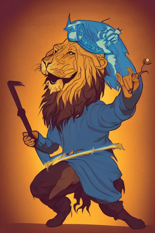 Image similar to Portrait of a Lion that is a wizard casting a spell , wizard, medieval, sticker, colorful, casting epic spell, magic the gathering artwork, D&D, fantasy, artstation, heroic pose, illustration, highly detailed, simple, smooth and clean vector curves, no jagged lines, vector art, smooth