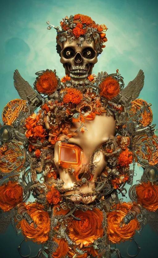 Image similar to a 3d Letter A with a large glowing orange crystal in the center, bronze cyberpunk style statue, mechanical chrysanthemums, flowing aqua silk, fabric, steampunk flowers. baroque elements, human skull. full-length view. baroque element. intricate artwork by caravaggio. many flying horses on background. Trending on artstation, octane render, cinematic lighting from the right, hyper realism, octane render, 8k, depth of field, 3D