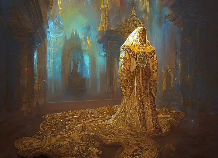 Image similar to kneeling before the pope, royal robe, gold trim, light effect, hyper detailed, intricate, atmospheric, elegant, photorealistic by paul lehr, marco mazzoni, featured on cgsociety, rococo, whimsical, artstation