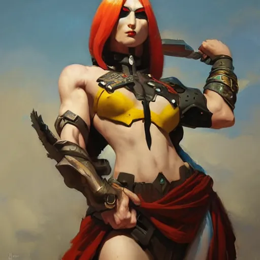 Image similar to greg manchess portrait painting of a female kratos as overwatch character, medium shot, asymmetrical, profile picture, organic painting, sunny day, matte painting, bold shapes, hard edges, street art, trending on artstation, by huang guangjian and gil elvgren and sachin teng