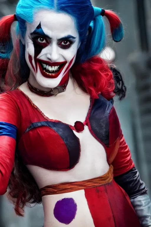 Prompt: film still of Salma Hayek as Harley Quinn in Joker, 4k