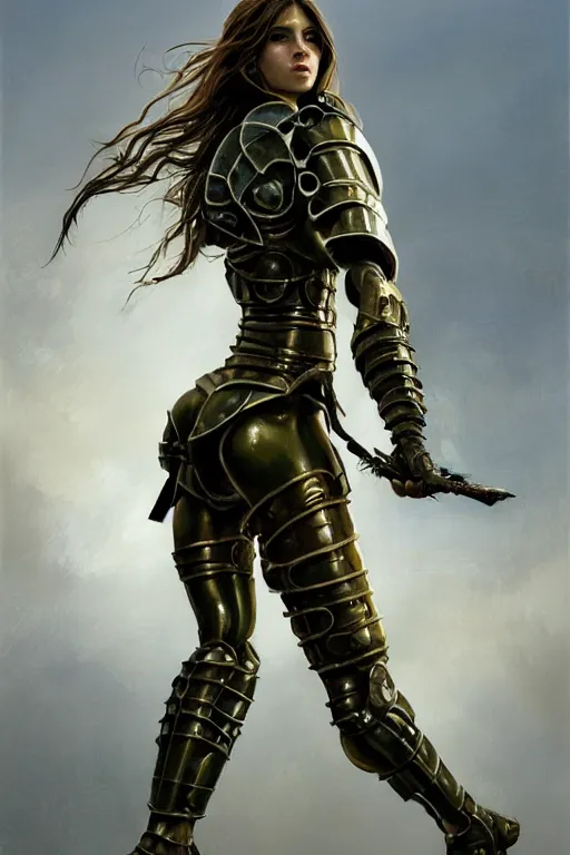 Image similar to a photorealistic painting of an attractive young girl, partially clothed in thick metal-plated battle armor, olive skin, long dark hair, beautiful bone structure, symmetric facial features, perfect eyes, intricate, elegant, natural posture, digital painting, concept art, finely detailed, illustration, sharp focus, minimal artifacts, from Metal Gear, by Greg Rutkowski, in the style of Ruan Jia and Mandy Jurgens and Artgerm and William-Adolphe Bouguerea, trending on Artstation, award winning