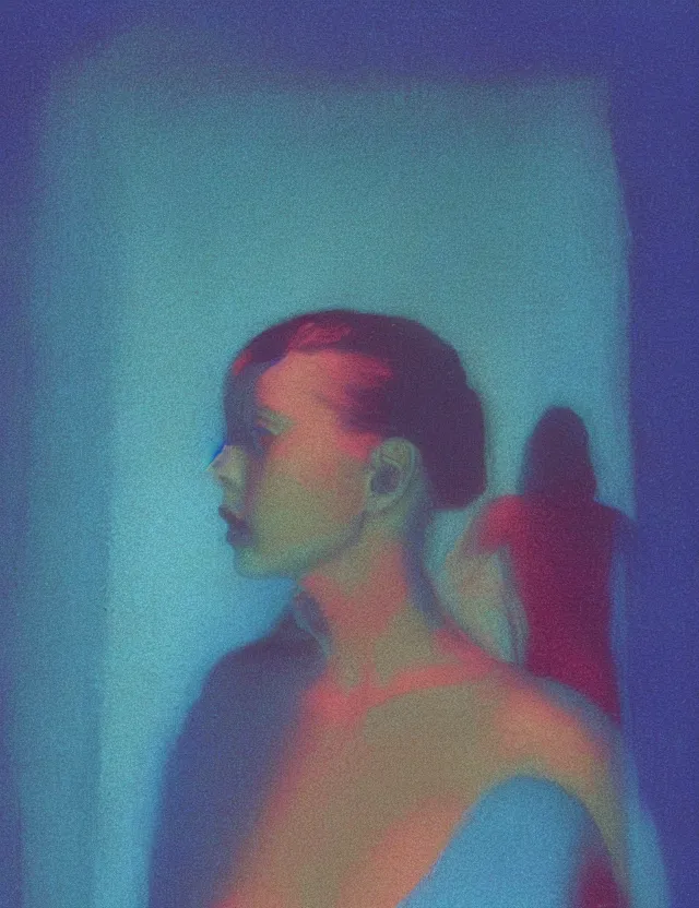 Image similar to woman staring into monitor screen in dark room, blue rays from monitor, redshift, wide shot, coloured polaroid photograph, pastel, kodak film, hyper real, stunning moody cinematography, by maripol, fallen angels by wong kar - wai, style of suspiria and neon demon, david hockney, detailed, oil on canvas