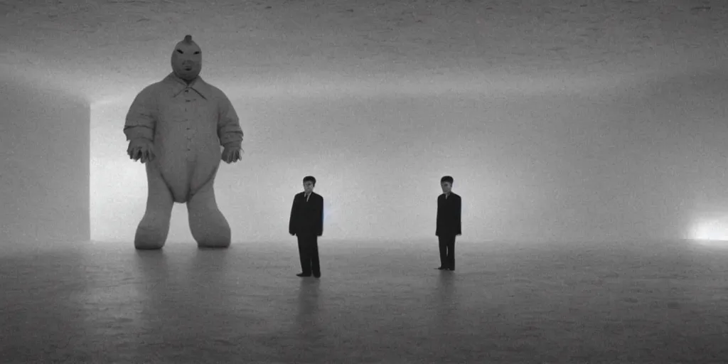 Prompt: light coming out of one starfish - like kaiju anthropomorphic monster, korean film noir, korean traditional palace, kim jong - il standing, pyongyang city, 1 9 6 0 s, red color bleed, 4 k, video compression, video glitch, monochrome, akira kurosawa, mamoru oshii, wes anderson, stanley kubrick