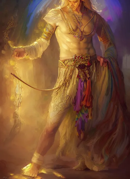 Image similar to a beautiful detailed painting of a gypsy male bard in colorful rainbow firion ornate robes robes, pale skin, white hair, yellow eyes, master of dreams art by jon foster trending on artstation painted by greg rutkowski, painted by stanley artgerm