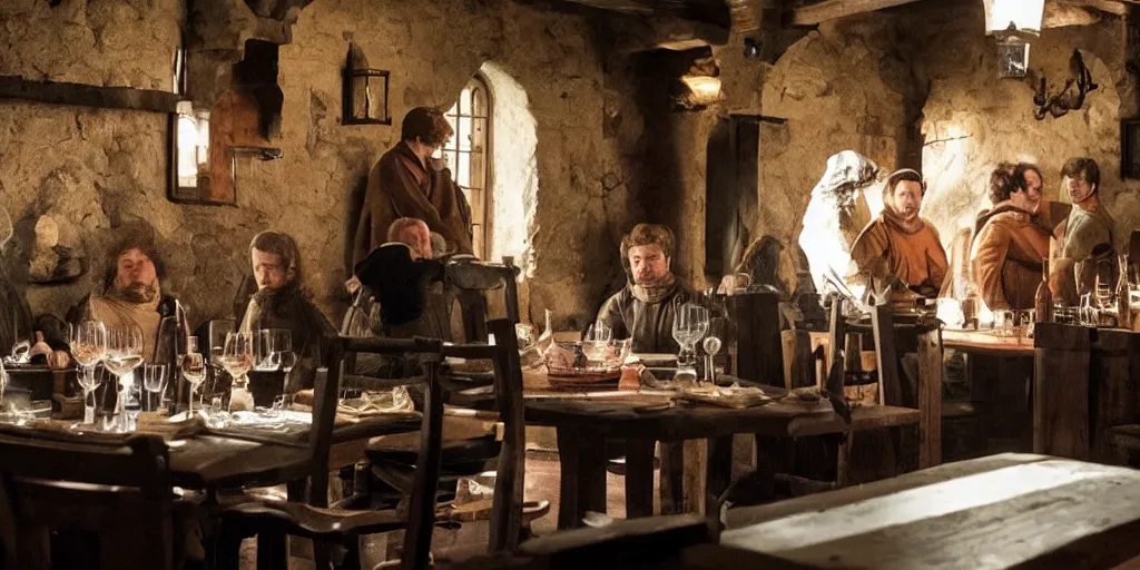 Image similar to an medieval tavern created movie directed by director Roy Andersson movie