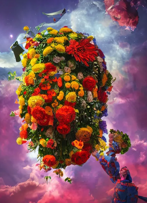 Image similar to An epic fantastic realism comic book style painting of the most beautiful flowers launched into space, bouquets, Shamanic Mask made of flowers, fisheye lens, unreal 5, DAZ, hyperrealistic, octane render, dynamic lighting