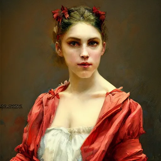 Image similar to Jean-Baptiste Monge and Solomon Joseph Solomon and Richard Schmid and Jeremy Lipking victorian genre painting portrait painting of a young beautiful woman marverl DC comic book character fantasy costume, red background