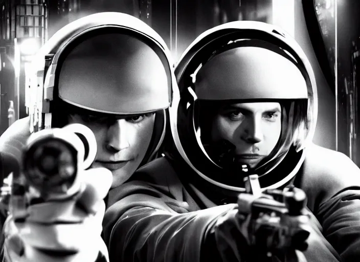 Prompt: a noir detective astronaut with a gun, black and white cinema, cinematic composition