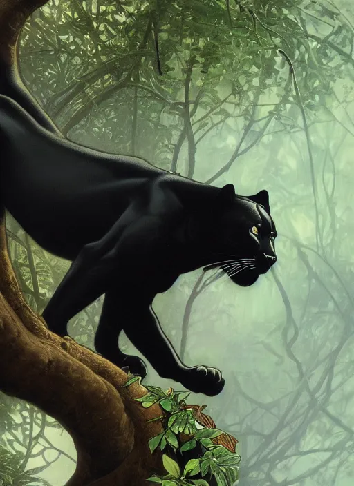 Prompt: animal concept of a black panther melanistic deep black leopard walking on a lush intricate tree, accurately portrayed, portrait art by alphonse mucha and greg rutkowski, highly detailed, digital painting, concept art, illustration, dim lighting with twilight rays of sunlight, trending on artstation, very detailed, smooth, sharp focus, octane render, close up