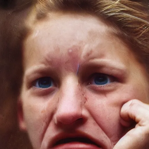 Image similar to a candid extreme closeup portrait of an expressive face of a tormented young woman by annie leibovitz