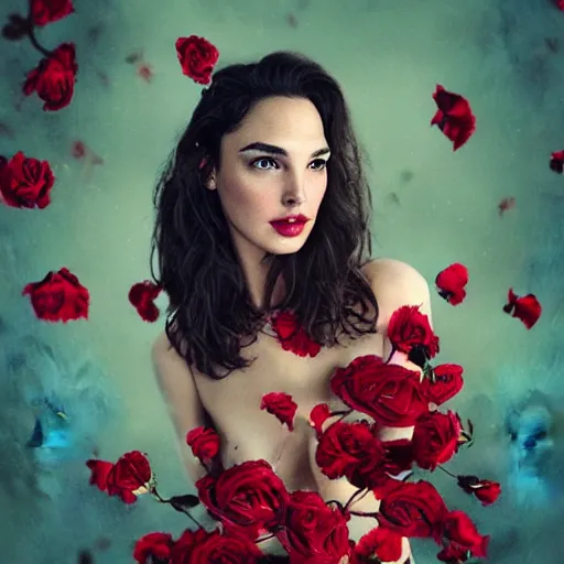 Image similar to fine art photo of the beauty gal gadot, she is merging from red roses, taken by oleg oprisco