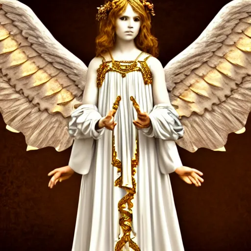 Image similar to photo of a real-life beautiful angel with an ornate dress, highly detailed, 4k,