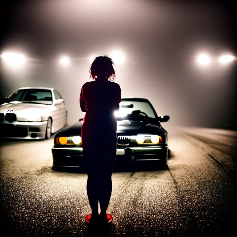 Image similar to close-up-photo Woman Driver standing against her car, BMW E36 turbo illegal meet, work-wheels, Gunma prefecture, misty at night, cinematic color, photorealistic, high detailed deep dish wheels, highly detailed, custom headlights, subtle neon underlighting