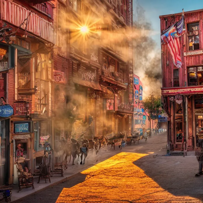 Image similar to a sunset light historical wild west village, duel between two cowboys, lots of sparkling details and sun ray's, blinding backlight, smoke, volumetric lighting, colorful, octane, 3 5 mm, saloon exterior, old town street, beautiful epic colored reflections, very colorful heavenly, softlight