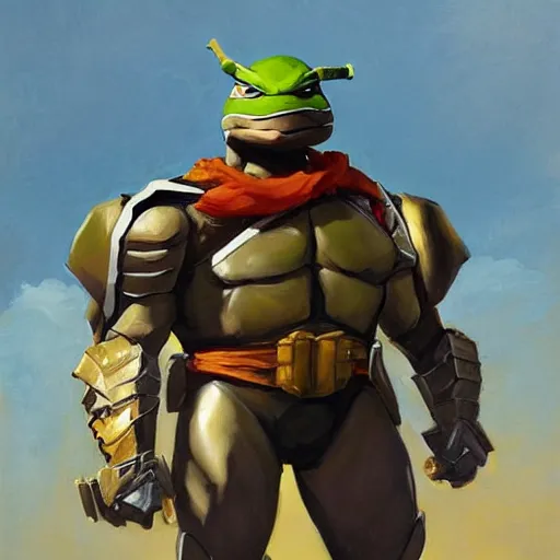 Image similar to greg manchess portrait painting of armored leonardo of tmnt as overwatch character, medium shot, asymmetrical, profile picture, organic painting, sunny day, matte painting, bold shapes, hard edges, street art, trending on artstation, by huang guangjian and gil elvgren and sachin teng