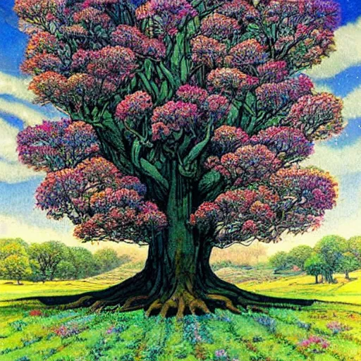 Prompt: a beautiful painting of a gigantic mystic tree in a field of flowers by moebius