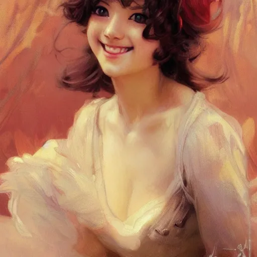 Image similar to a detailed portrait of a cute anime girl, smiling coy, painting by gaston bussiere, craig mullins, j. c. leyendecker