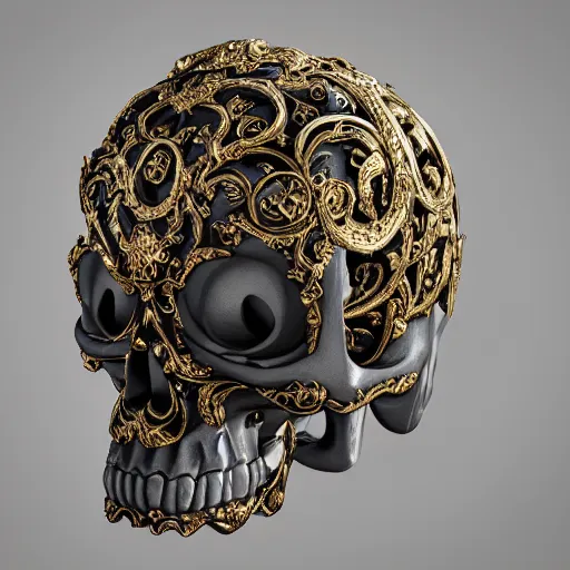 Prompt: a beautiful, ornate and intricate rococo skull with silver and gold details, 4k, octane render, vray, unreal engine, photorealistic