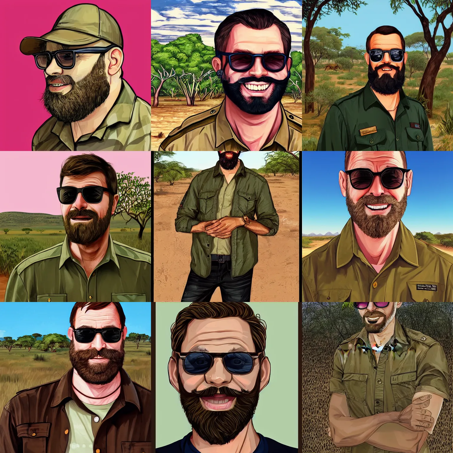 Prompt: afrikaans man smiling with beard wearing sunglasses and khaki shirt, portrait illustration by martine johanna, gta v style, bushveld background