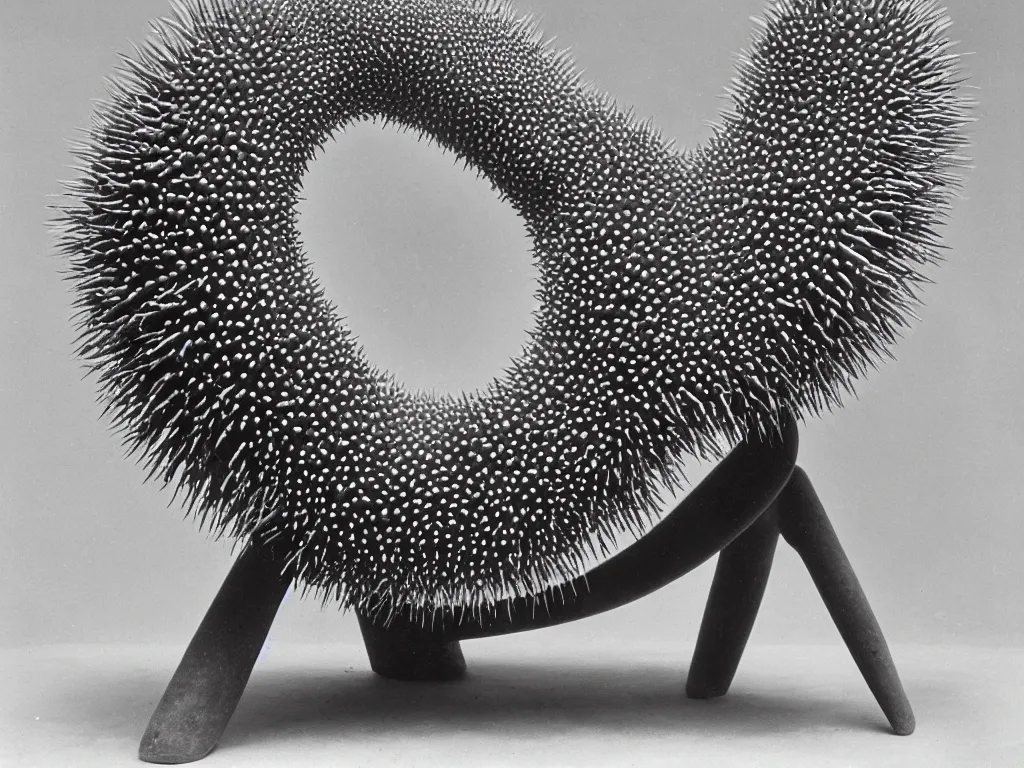 Image similar to round brutalist stone chair in the shape of sea urchin. karl blossfeldt, salvador dali