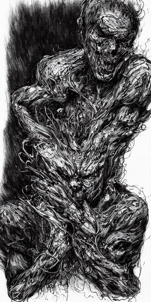 Prompt: concept art of a man with his body covered in burns, with evil black smoke coming out of his hands, full body, dark colors, sinister atmosphere, dramatic lighting, cinematic, establishing shot, extremely high detail, photo realistic, cinematic lighting, pen and ink, intricate line drawings, by Yoshitaka Amano, Ruan Jia, Kentaro Miura, Artgerm, post processed, concept art, artstation, matte painting, style by eddie mendoza, raphael lacoste, alex ross,