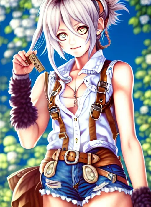 Image similar to a portrait of catgirl wearing white vest, and denim shorts an ultrafine detailed painting, detailed painting, beatyfull eyes, octopath traveler