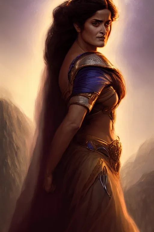 Prompt: salma hayek as a princess of eternal beauty and grace, face portrait, raphael lacoste, eddie mendoza, alex ross, concept art, matte painting, highly detailed, rule of thirds, dynamic lighting, cinematic, detailed, denoised, centerd