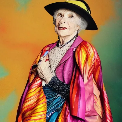 Image similar to elderly woman dressed in extremely colorful clothes with many strange patterns posing for a high fashion photoshoot, haute couture, golden hour, artstation, by J. C. Leyendecker and Peter Paul Rubens