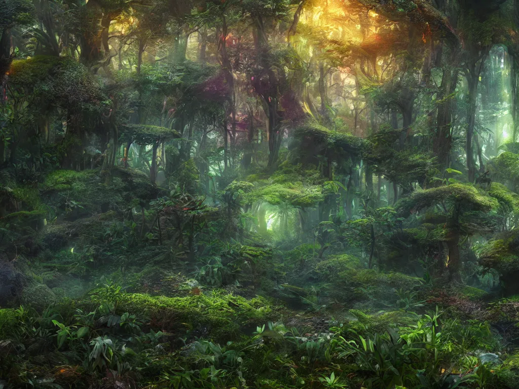 Image similar to a beautiful otherworldly fantasy landscape of a hidden forest with colorful mystical plants and huge psychedelic mushrooms as the trees, rendering, cryengine, vray render, cinema 4 d, cgsociety, bioluminescent